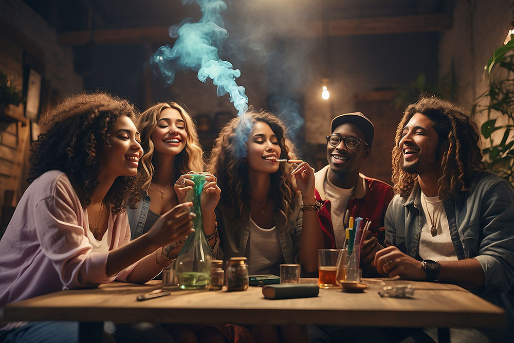 Photo of group sharing bong and showing proper Bong Etiquette